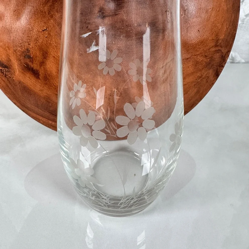 Pasabahce Small Vintage Floral Etched Clear Glass Vase Daisy Made in Turkey‎